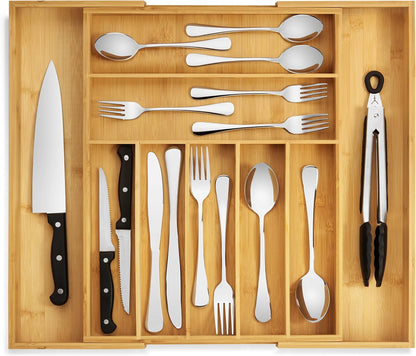 Purawood Bamboo Drawer Organizer - Expandable Silverware Organizer & Utensil Drawer Organizer