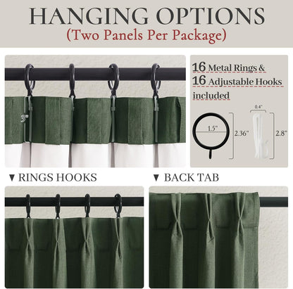Decorative Blackout Curtains 95 Inches Long for Bedroom, Olive Green Pinch Pleated Textured Linen