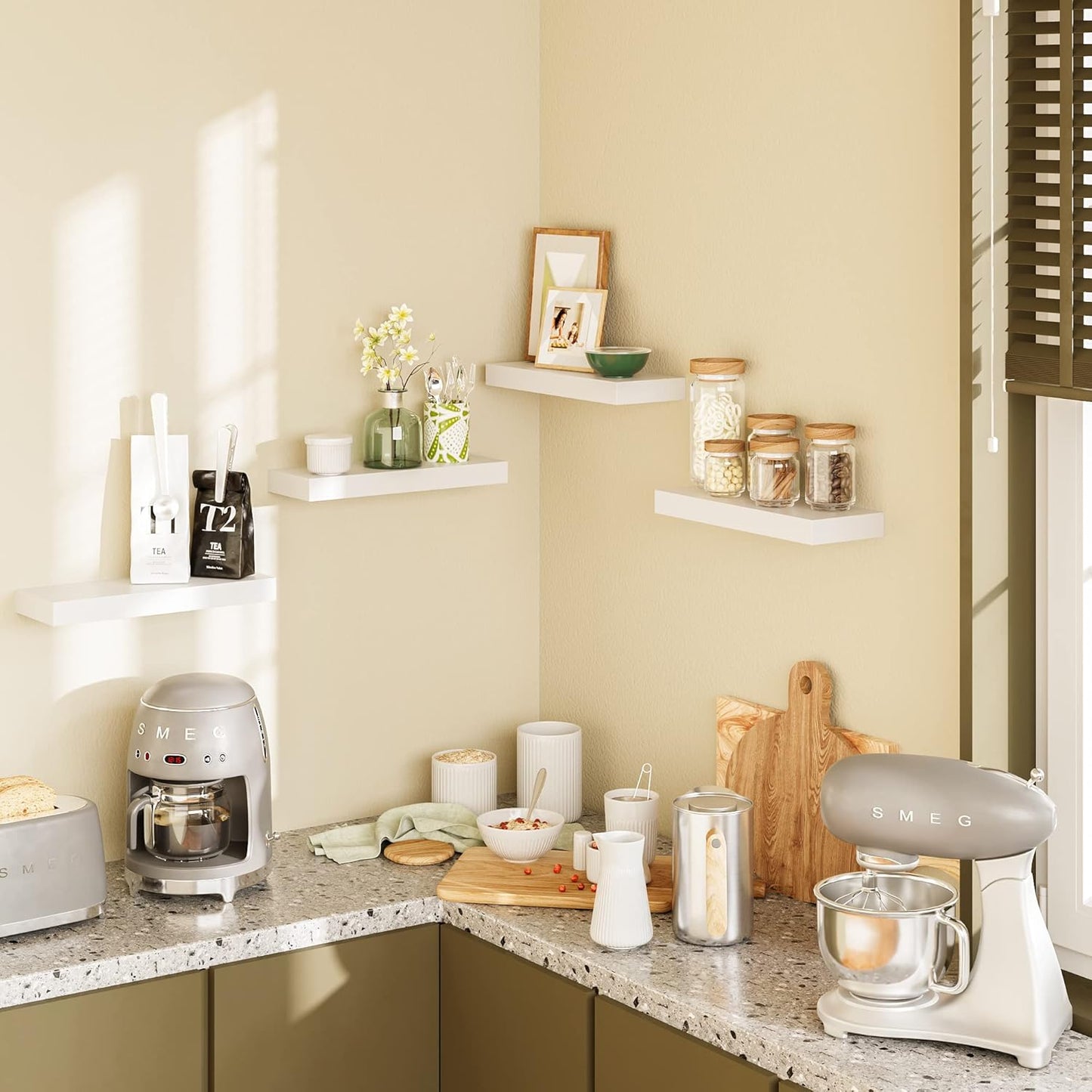 BAMEOS Floating Shelves, White Wall Mounted Wooden Shelves with Invisible Brackets Set of 2