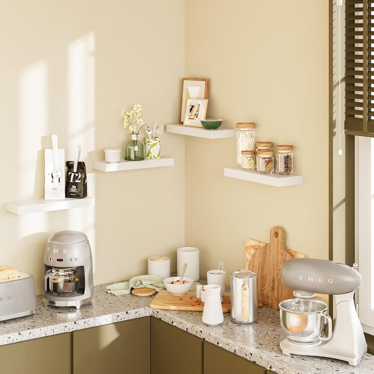 BAMEOS Floating Shelves, White Wall Mounted Wooden Shelves with Invisible Brackets Set of 2
