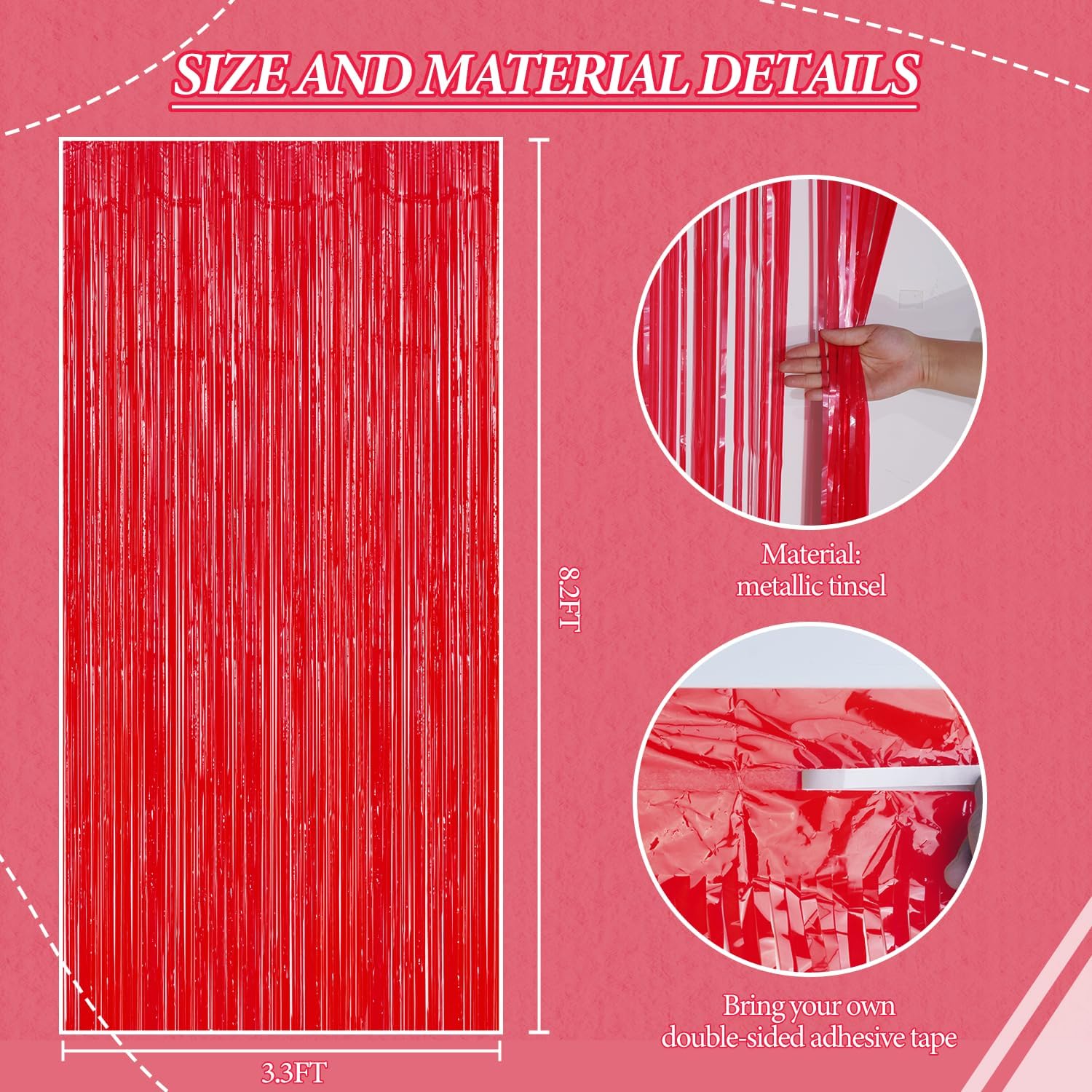 3 Pack Foil Fringe Backdrop - Pastel Red Shiny Tinsel Curtains for Party Decoration/Photo Booth