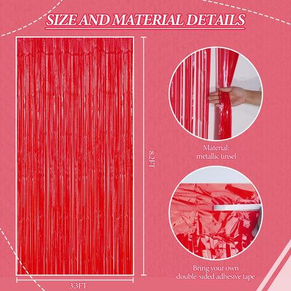 3 Pack Foil Fringe Backdrop - Pastel Red Shiny Tinsel Curtains for Party Decoration/Photo Booth