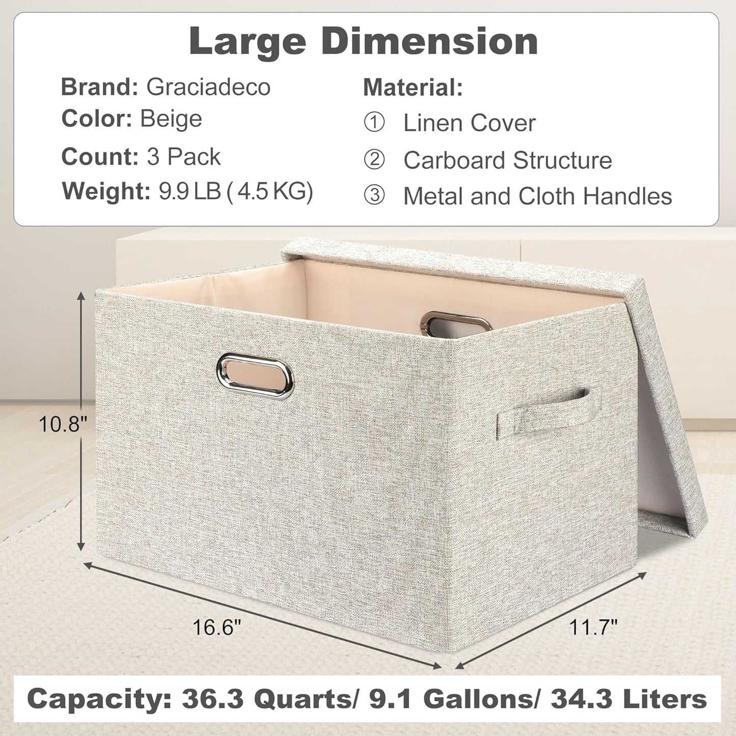 Large 17" 36 Quart Collapsible Stackable Storage Bins with Lids, 3 Packs Beige Linen Fabric Closet