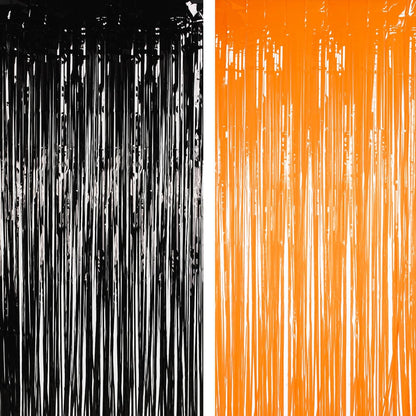 BRAVESHINE 1 Black 1 Orange Tinsel Photo Backdrop Curtains - 3.2x8.2ft Foil Fringe Streamer Curtain