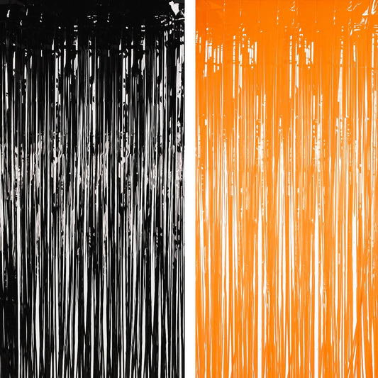 BRAVESHINE 1 Black 1 Orange Tinsel Photo Backdrop Curtains - 3.2x8.2ft Foil Fringe Streamer Curtain