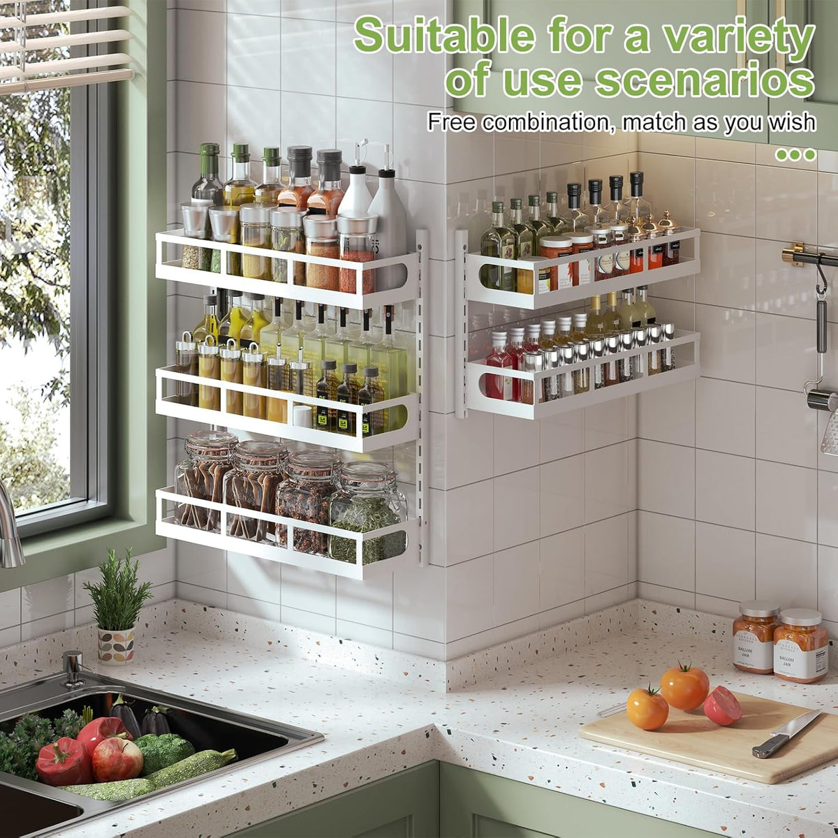 X-cosrack Wall Mount Spice Rack Organizer 5 Tier Height-Adjustable Hanging Spice Shelf Storage for