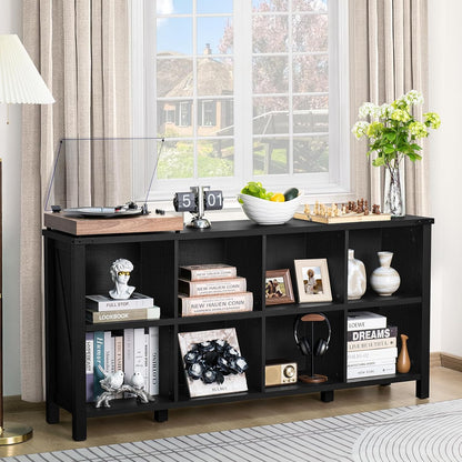 8 Cube Book Shelf, Farmhouse Wood Long Storage Organizer Bookcase, 62" Horizontal Black Console