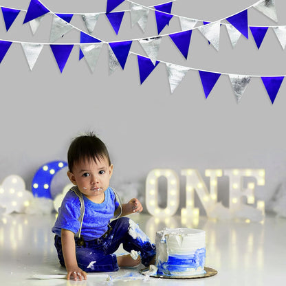 Royal Blue Silver Party Decorations Navy Blue Triangle Pennant Banner Flag Metallic Fabric Bunting