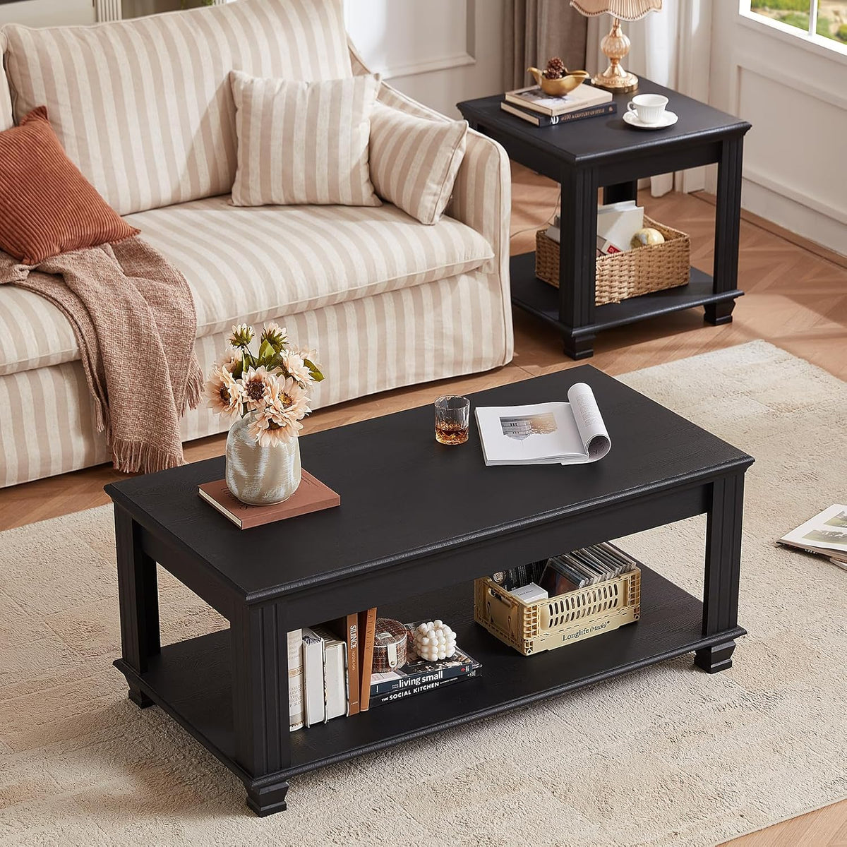 Farmhouse Coffee Tables for Living Room,Square Tea Table with Open Storage Shelf,Large Coffee