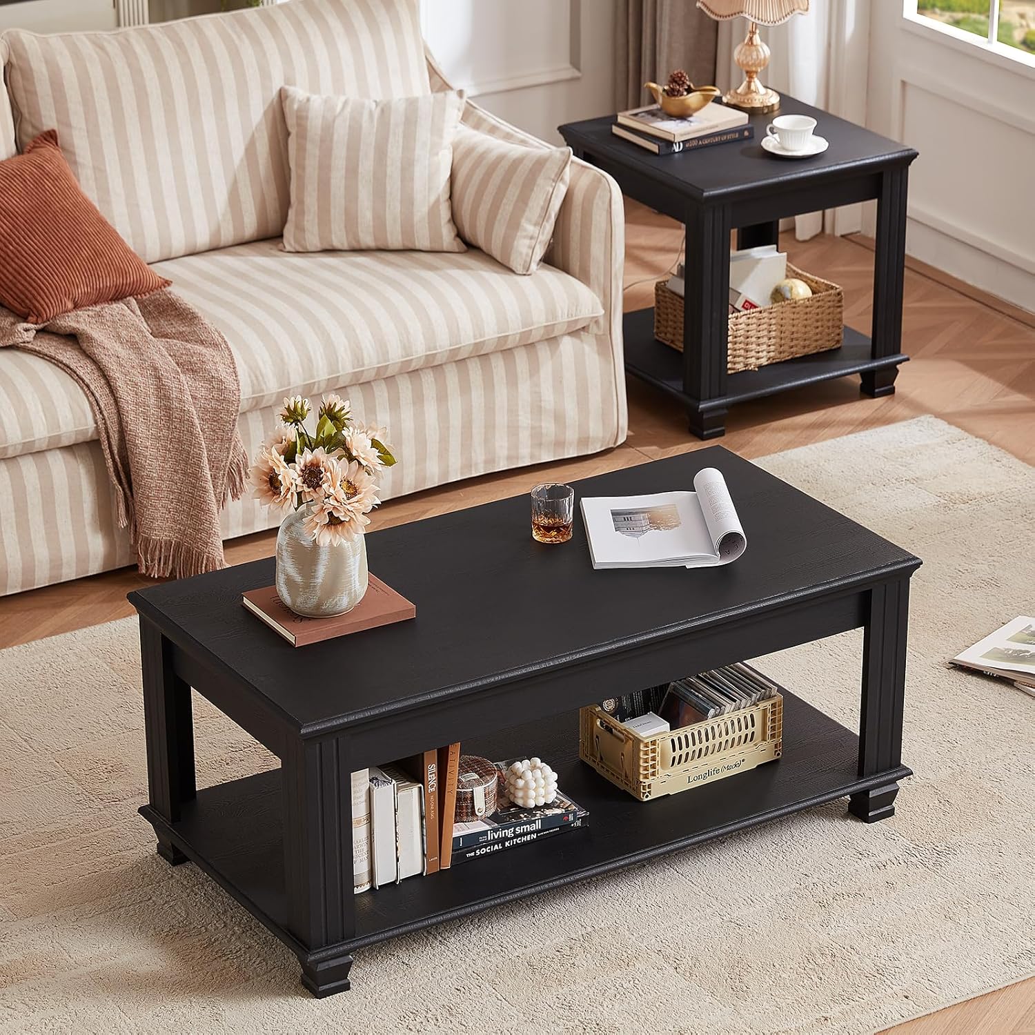 Farmhouse Coffee Tables for Living Room,Square Tea Table with Open Storage Shelf,Large Coffee