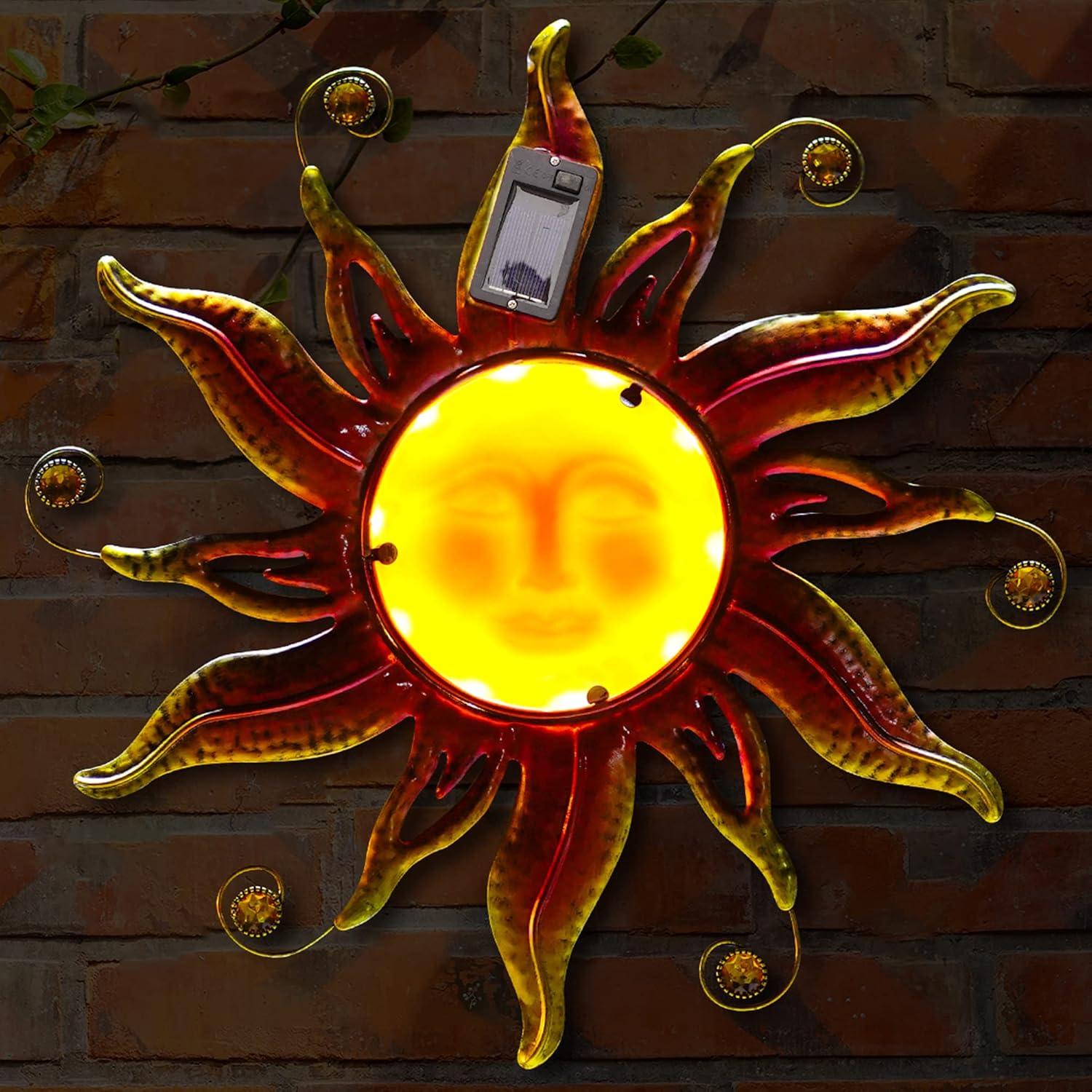Goodeco Solar Sun Face Wall Art – Metal Outdoor Wall Decor with Solar LED Lights for Garden & Patio
