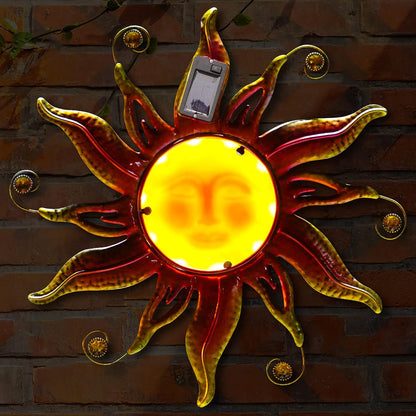 Goodeco Solar Sun Face Wall Art – Metal Outdoor Wall Decor with Solar LED Lights for Garden & Patio