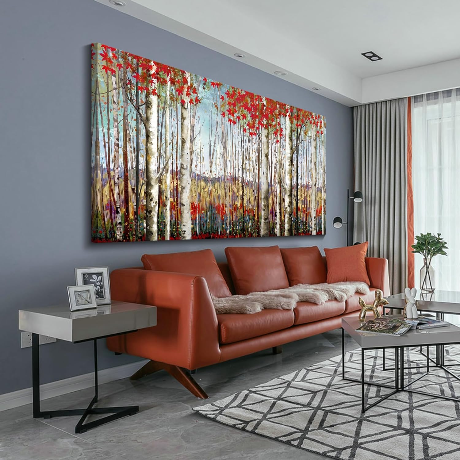 Canvas Wall Art for Living Room Bedroom Modern Wall Decor of Red Leaves White Birch Tree Forest