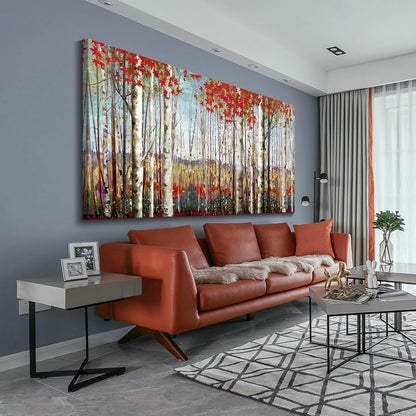Canvas Wall Art for Living Room Bedroom Modern Wall Decor of Red Leaves White Birch Tree Forest