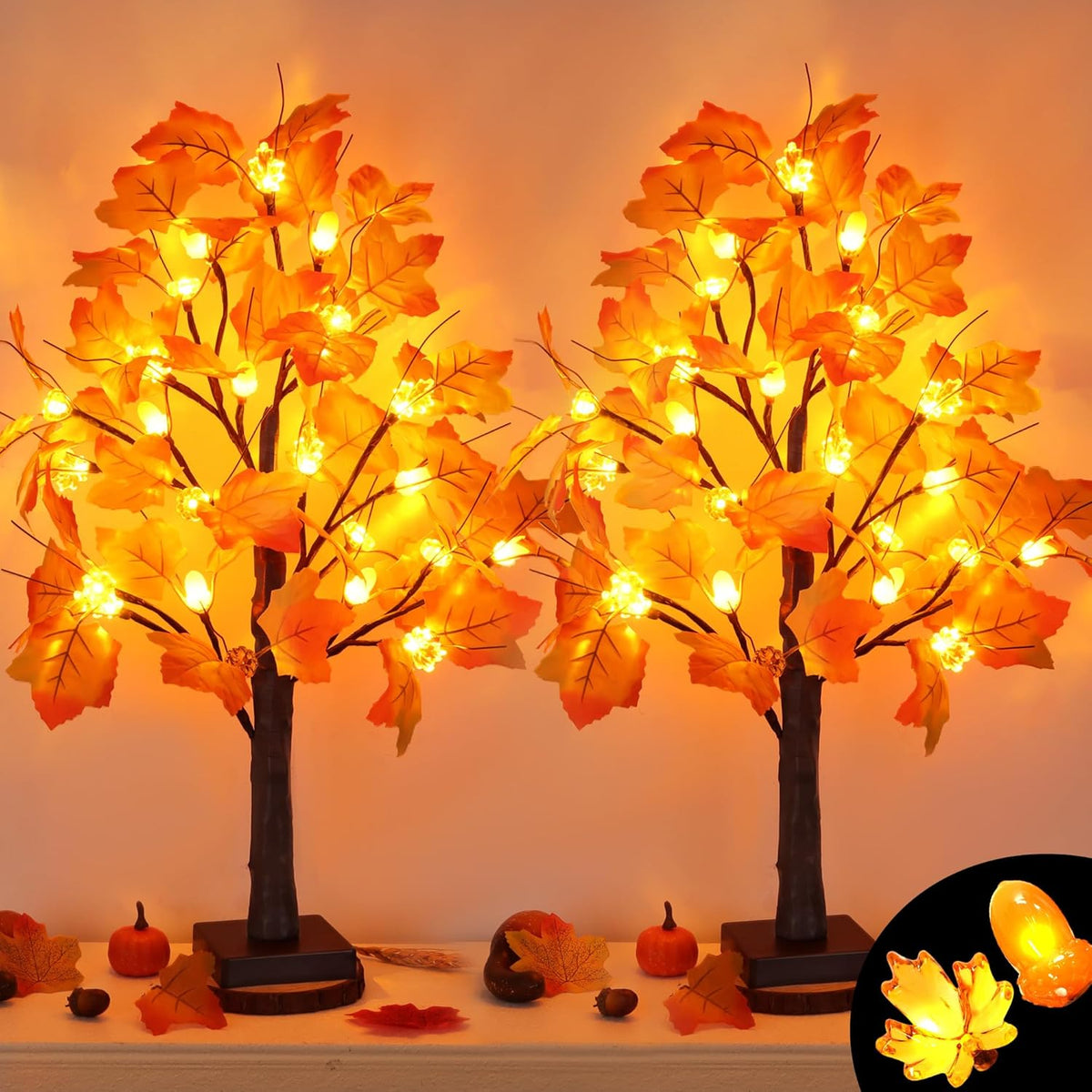 2 Pack 24 Inch Prelit Fall Maple Tree Fall Decor with 48 LED Timer Battery Operated Artificial Fall
