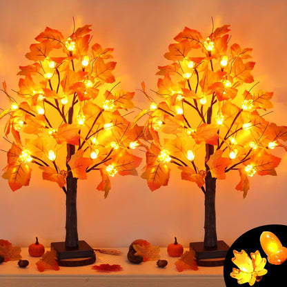 2 Pack 24 Inch Prelit Fall Maple Tree Fall Decor with 48 LED Timer Battery Operated Artificial Fall