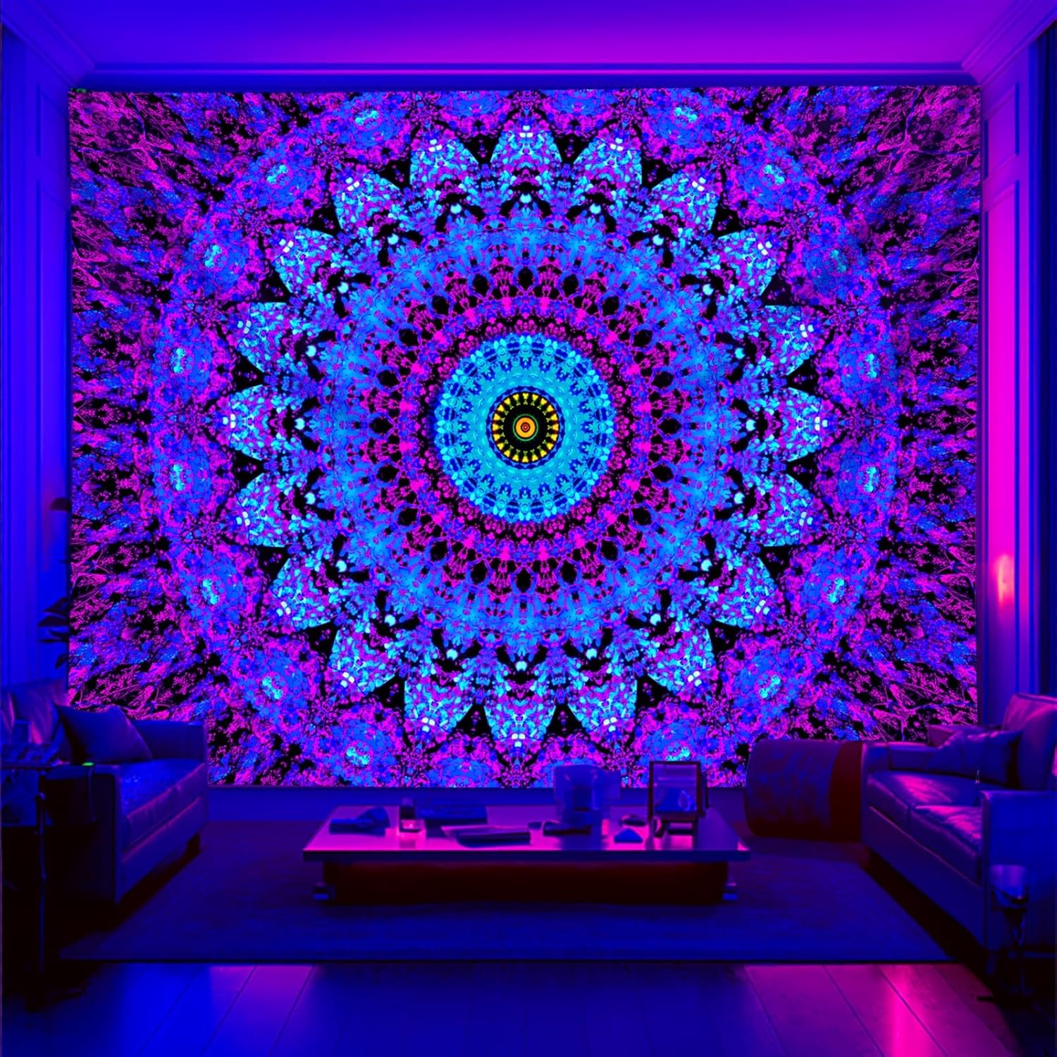 Blacklight Mandala Boho Tapestry, Black Light Bohemian Hippie Poster for Adults and Teens, UV