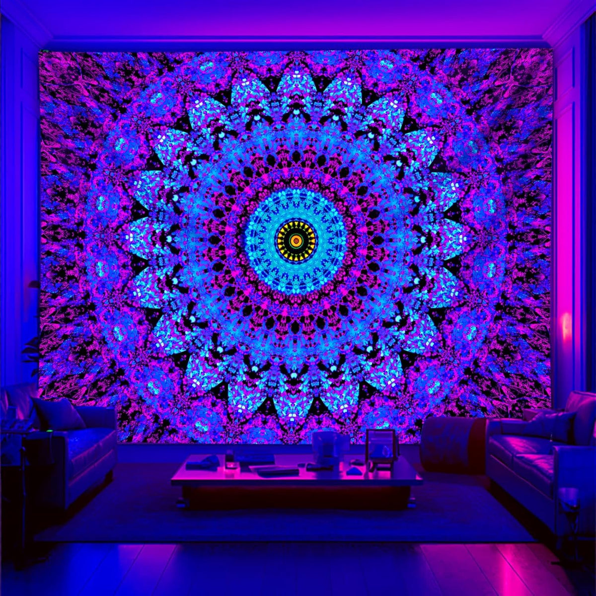 Blacklight Mandala Boho Tapestry, Black Light Bohemian Hippie Poster for Adults and Teens, UV
