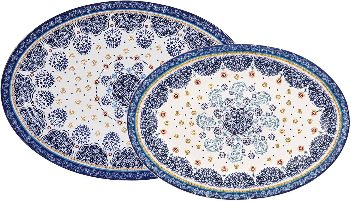Bico Blue Talavera 16 plus 14 inch Oval Platters Set, Set of 2, Microwave and Dishwasher Safe, for