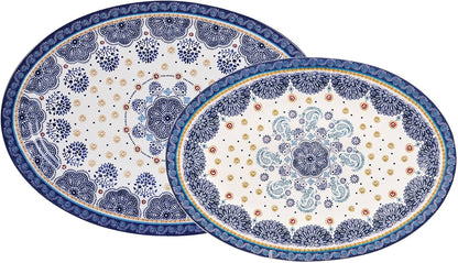 Bico Blue Talavera 16 plus 14 inch Oval Platters Set, Set of 2, Microwave and Dishwasher Safe, for