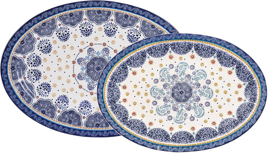 Bico Blue Talavera 16 plus 14 inch Oval Platters Set, Set of 2, Microwave and Dishwasher Safe, for