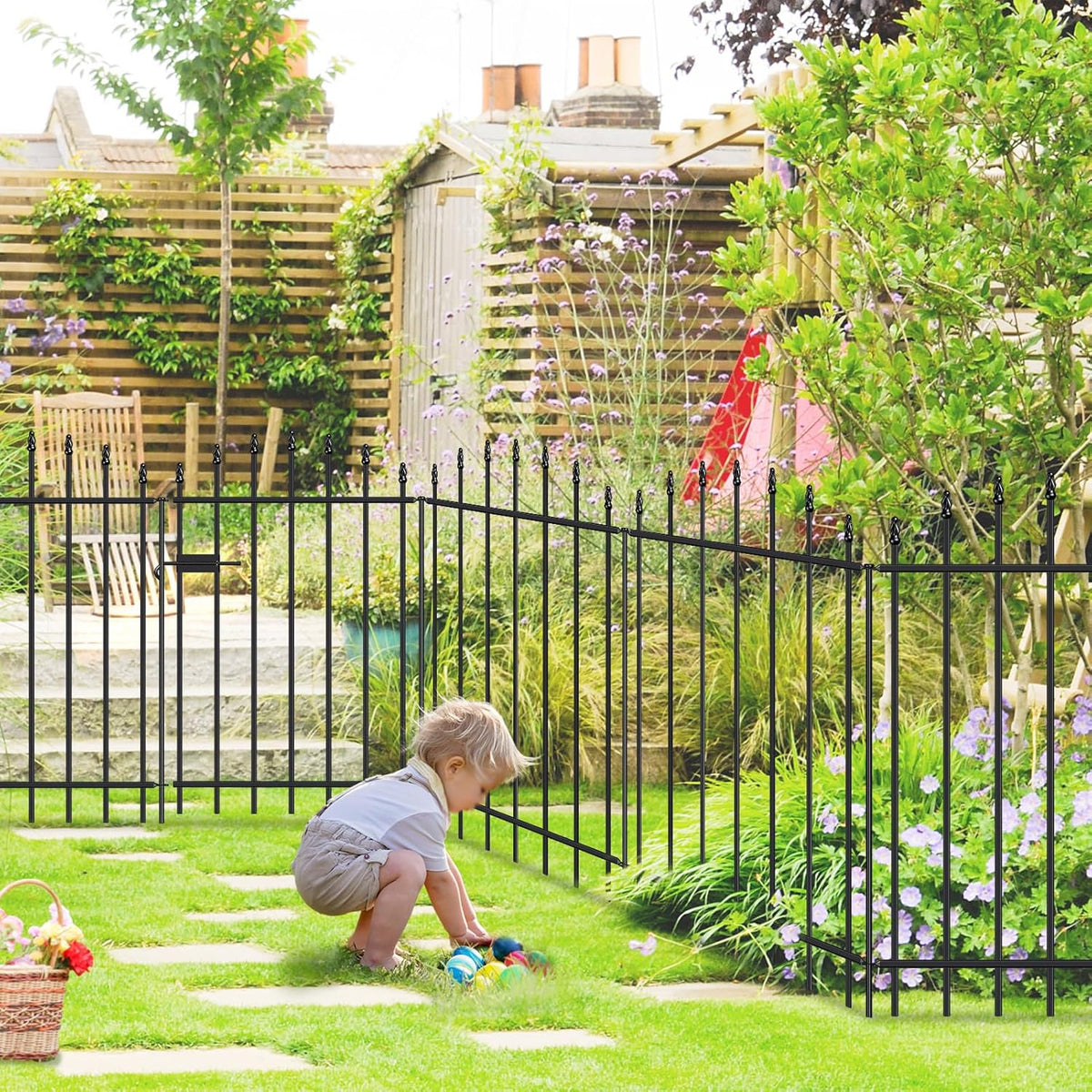 Metal Garden Fence with Gate 36 in H x 12 ft L, 1 Gate + 5 Panels Border Dog Fence Panels Animal