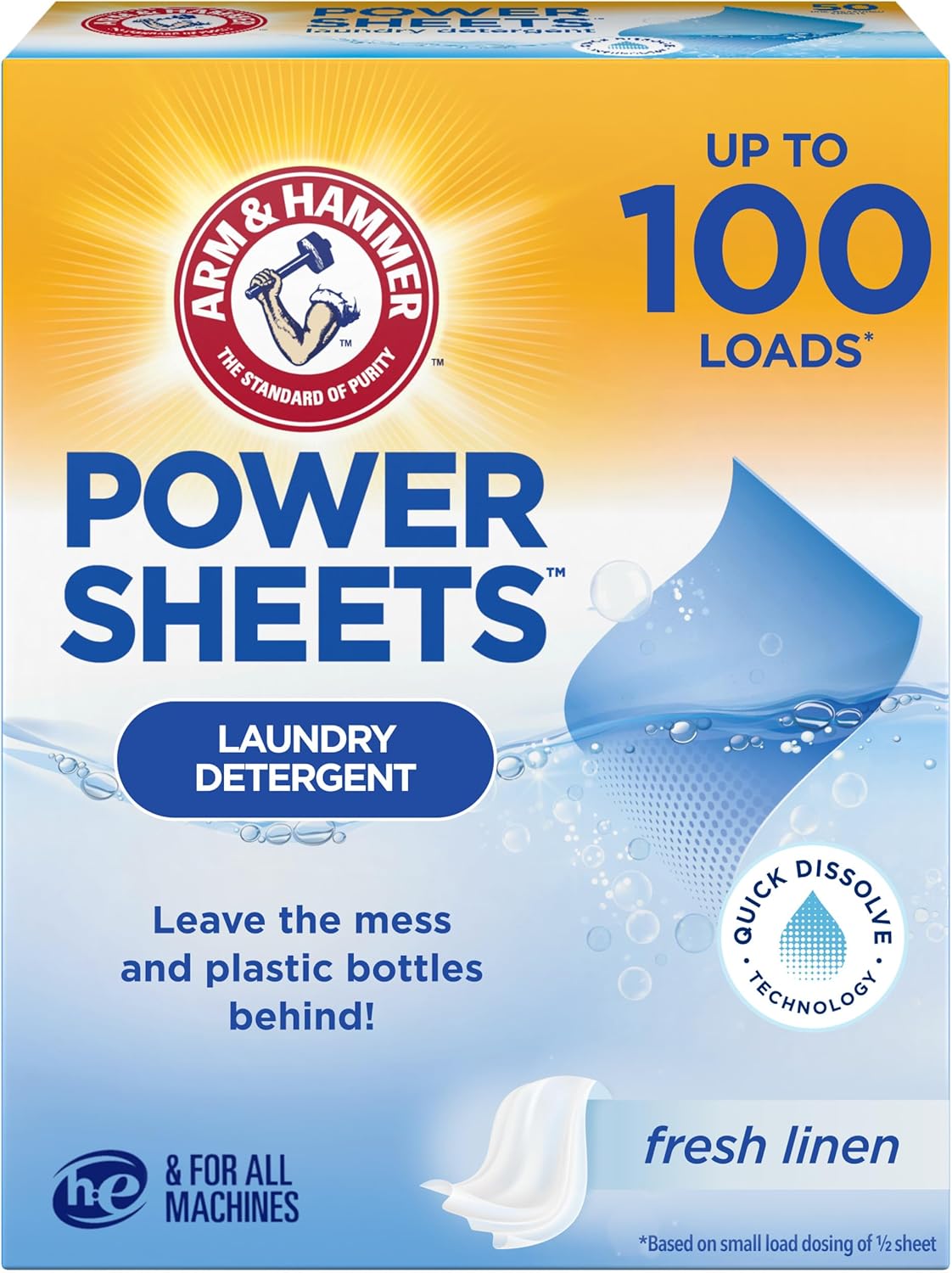Arm & Hammer Power Sheets Laundry Detergent, Fresh Linen 50ct, up to 100 Small Loads (Packaging may
