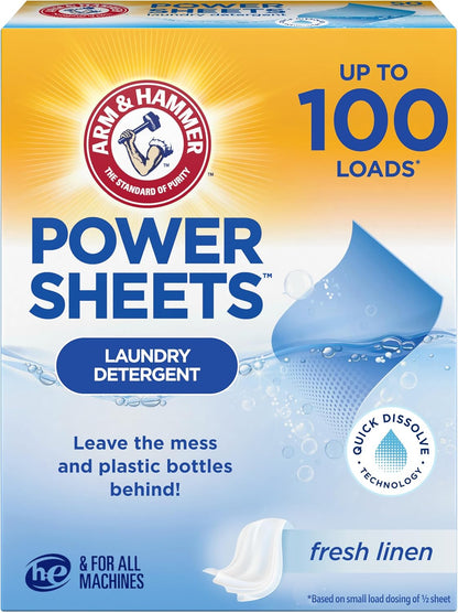 Arm & Hammer Power Sheets Laundry Detergent, Fresh Linen 50ct, up to 100 Small Loads (Packaging may