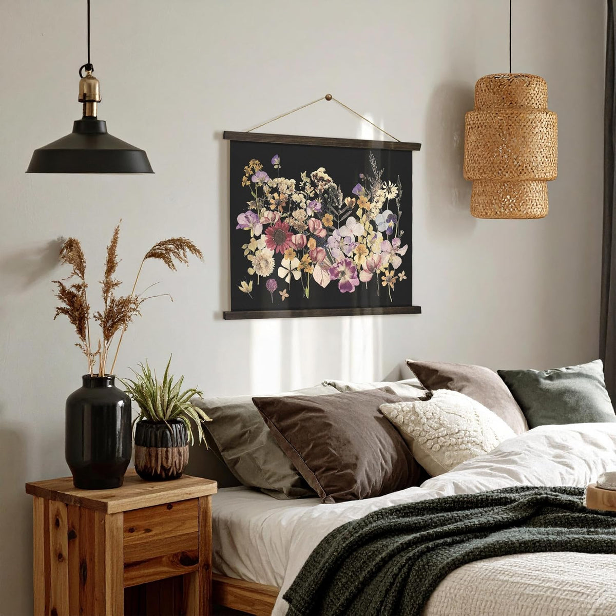 American Art Decor Framed Dried Flowers Tapestry Wall Art - Botanical Print with Blue, Yellow &