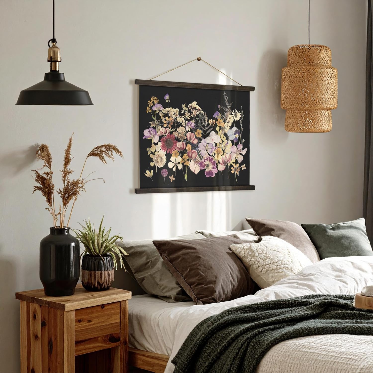 American Art Decor Framed Dried Flowers Tapestry Wall Art - Botanical Print with Blue, Yellow &