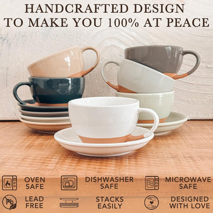 Mora Ceramic Latte Art Mug With Saucer - 10.5 oz, Round Bottom For Perfect Pours - Cafe Cups for
