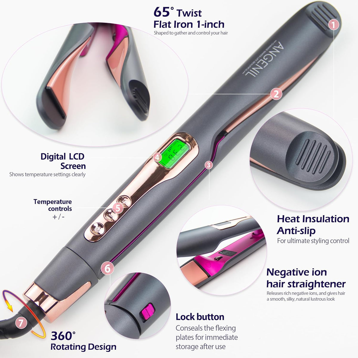 ANGENIL Pro Twist Ceramic Flat Iron 1 Inch, Dual Voltage Hair Straightener and Curler 2 in 1