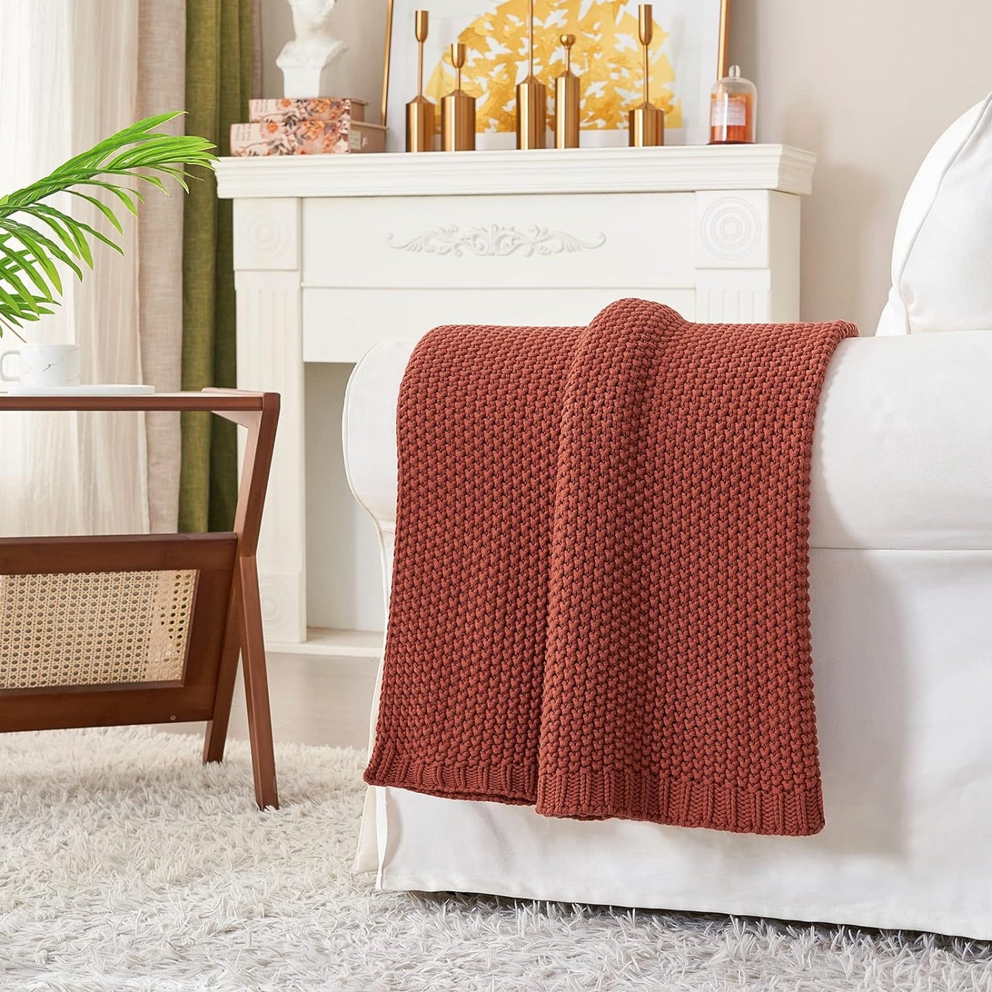 Longhui bedding Chunky Cable Knit Throw Blanket Lightweight Rust 100% Organic Cotton Blanket for