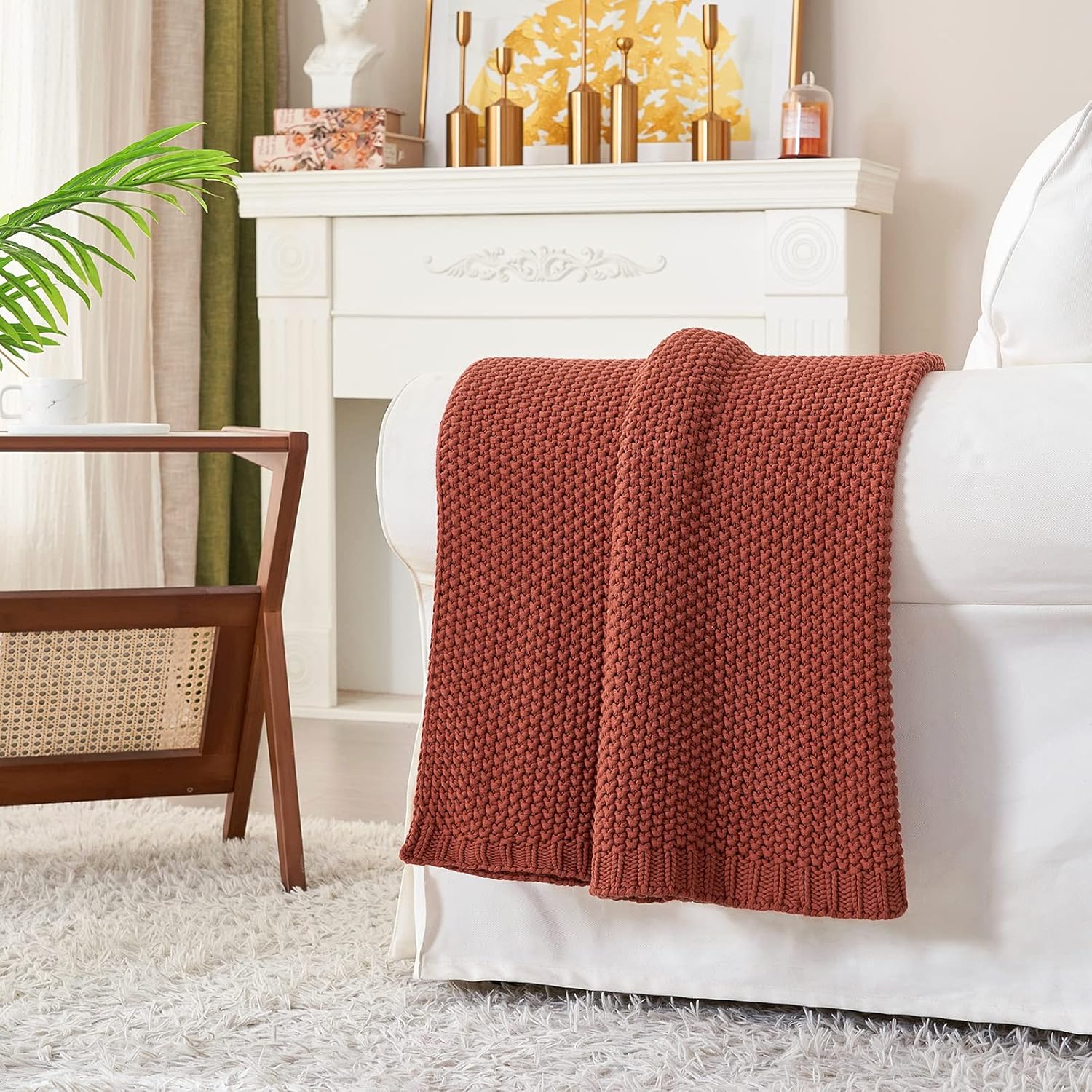 Longhui bedding Chunky Cable Knit Throw Blanket Lightweight Rust 100% Organic Cotton Blanket for