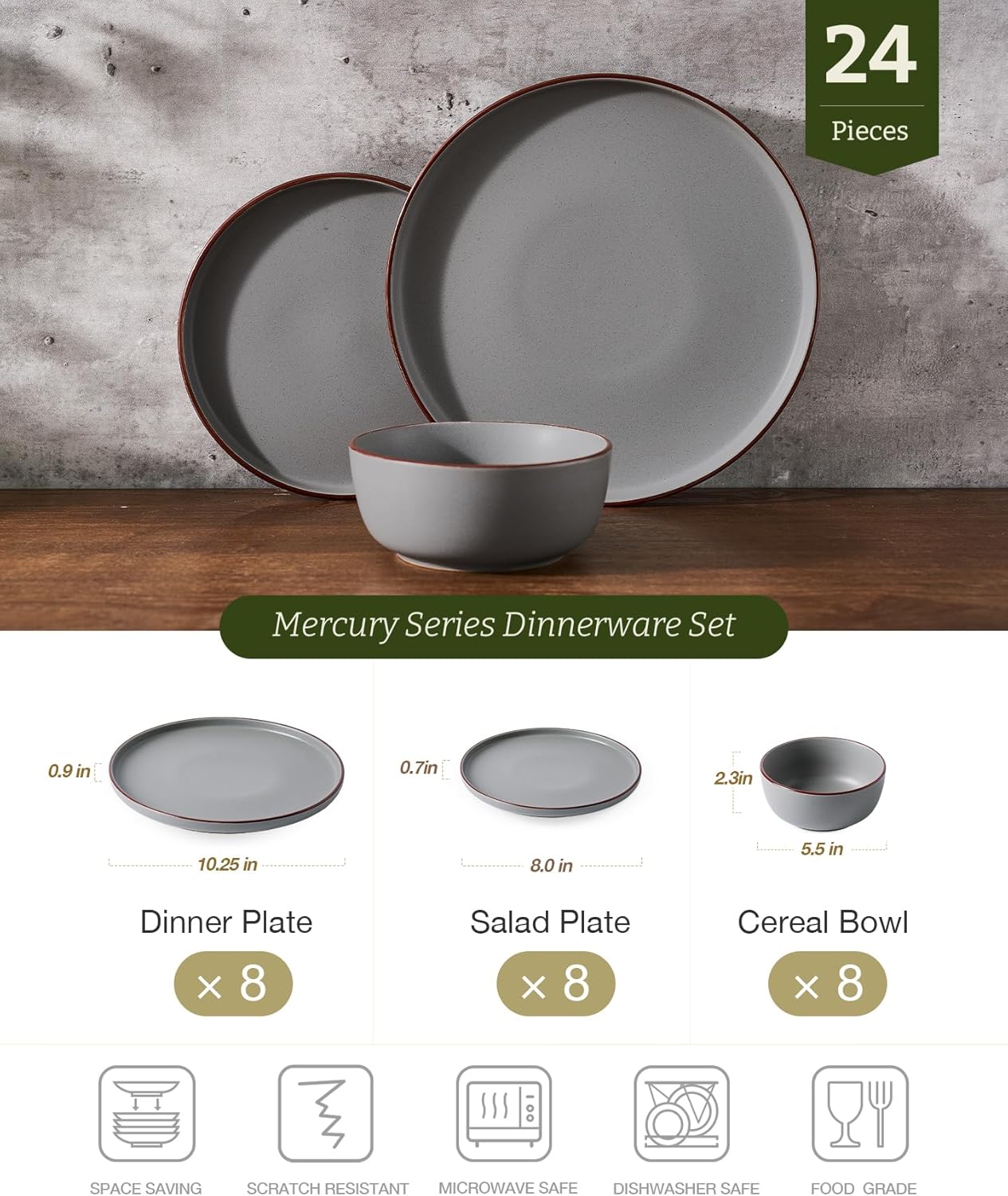 Famiware Mercury 24 Pieces Dinnerware Sets, Plates and Bowls Sets for 8, Microwave and Dishwasher