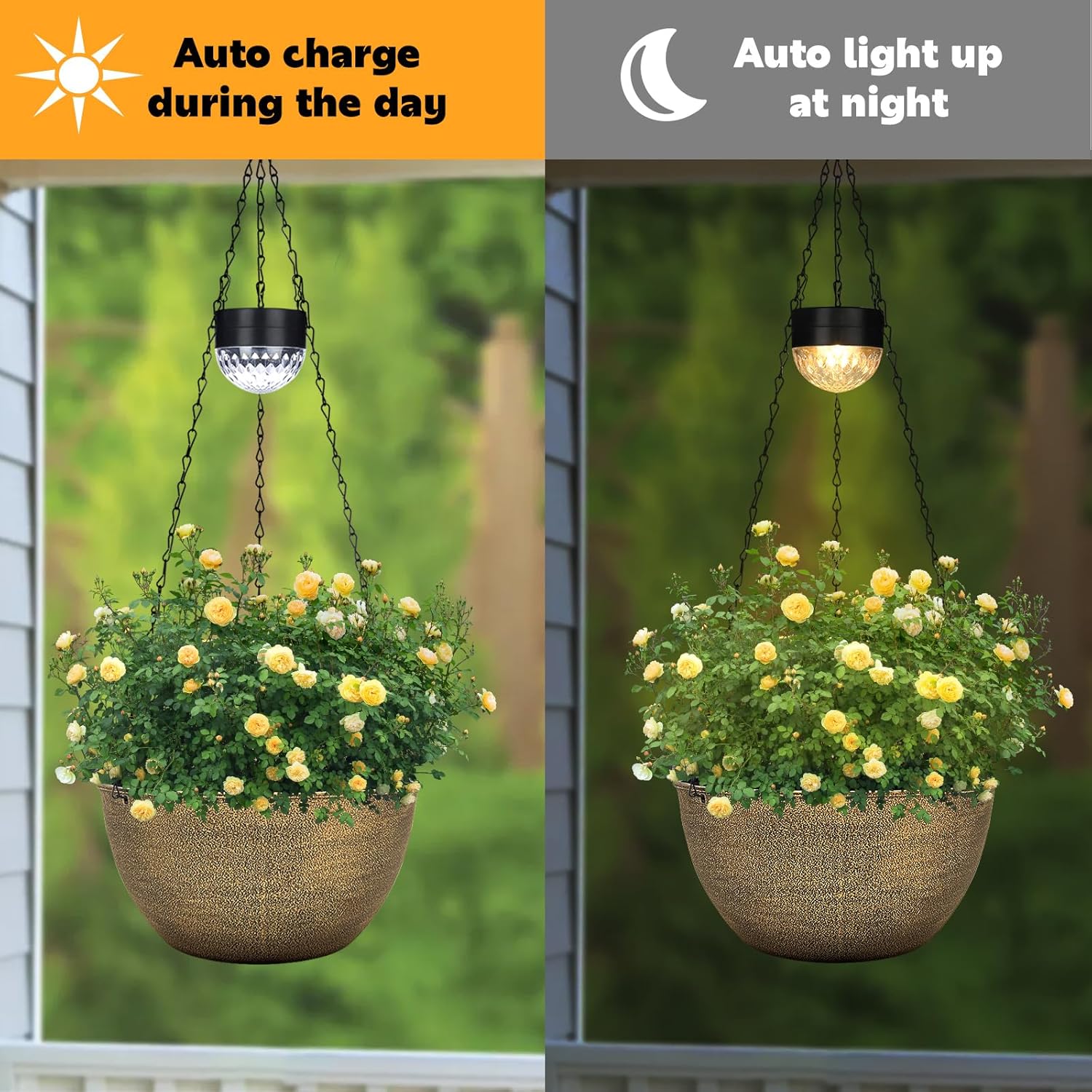 2 Packs Hanging Planters Basket for Outdoor Plants, Solar Powered Self Watering Copper Round