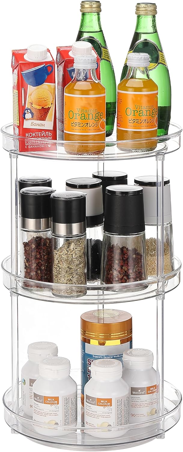 URALFA 3 Tier Bathroom Lazy Susan Organizer, 9 Inch Clear Rotating Makeup Organizer for Vanity