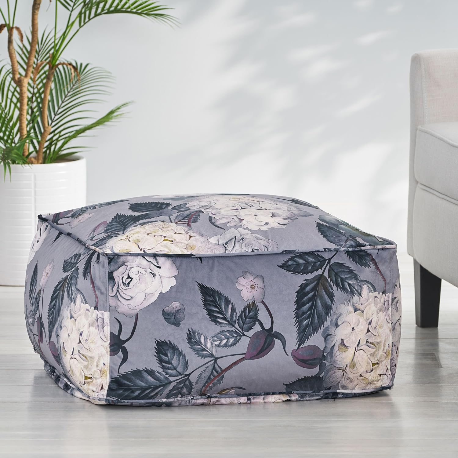 GDFStudio Traditional Velvet Flower Print Cube Pouf Ottoman Foot Stool - Bean Bag Floor Chair