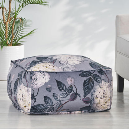 GDFStudio Traditional Velvet Flower Print Cube Pouf Ottoman Foot Stool - Bean Bag Floor Chair