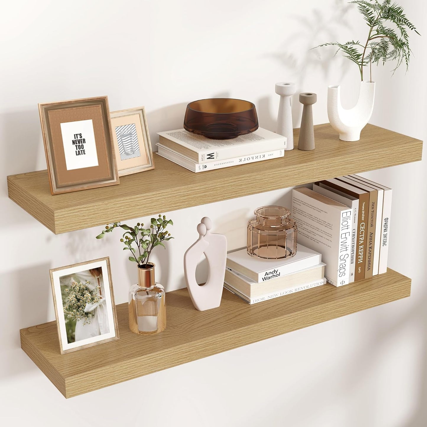 Floating Shelves for Wall, 2 Large Wall Mounted Shelves with Invisible Brackets, Long Wood Floating
