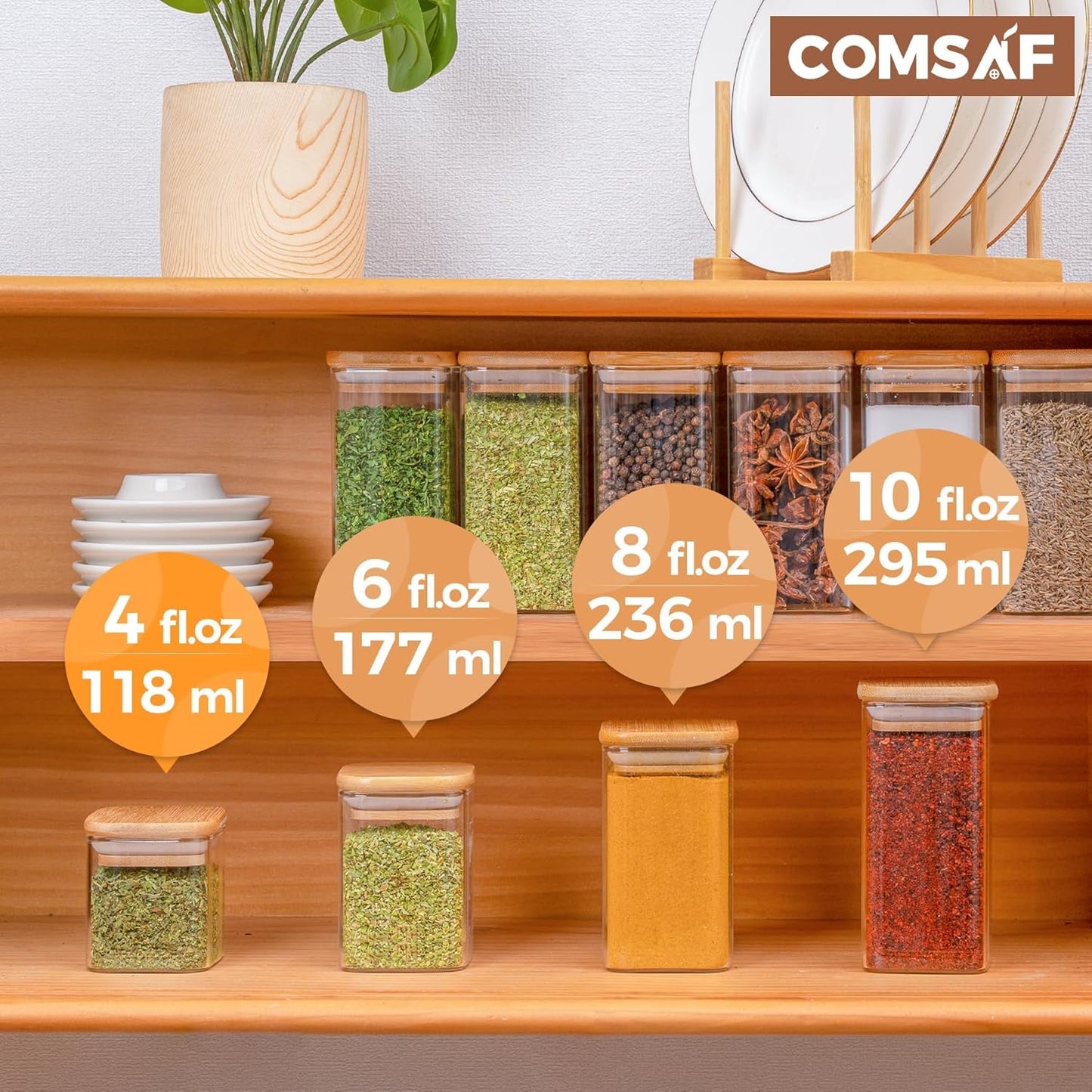 ComSaf 12Pcs Glass Spice Jars with Bamboo Lid, 4oz Airtight Square Spice Containers with 275 Black
