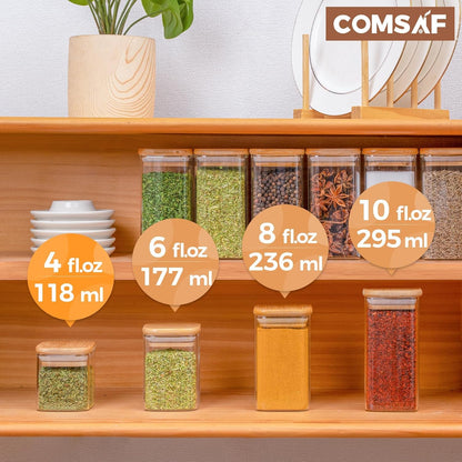 ComSaf 12Pcs Glass Spice Jars with Bamboo Lid, 4oz Airtight Square Spice Containers with 275 Black