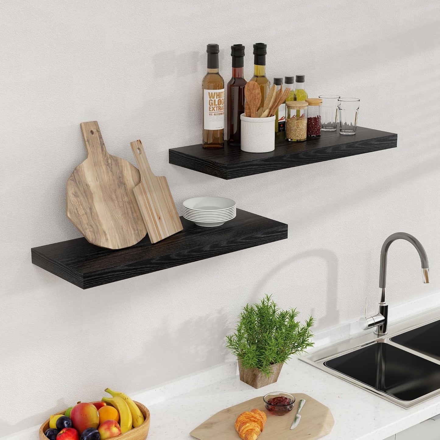 24 Inch Floating Shelves, Rustic 24 x 9 Black Floating Shelf for Wall, Black Bathroom Shelf Set of