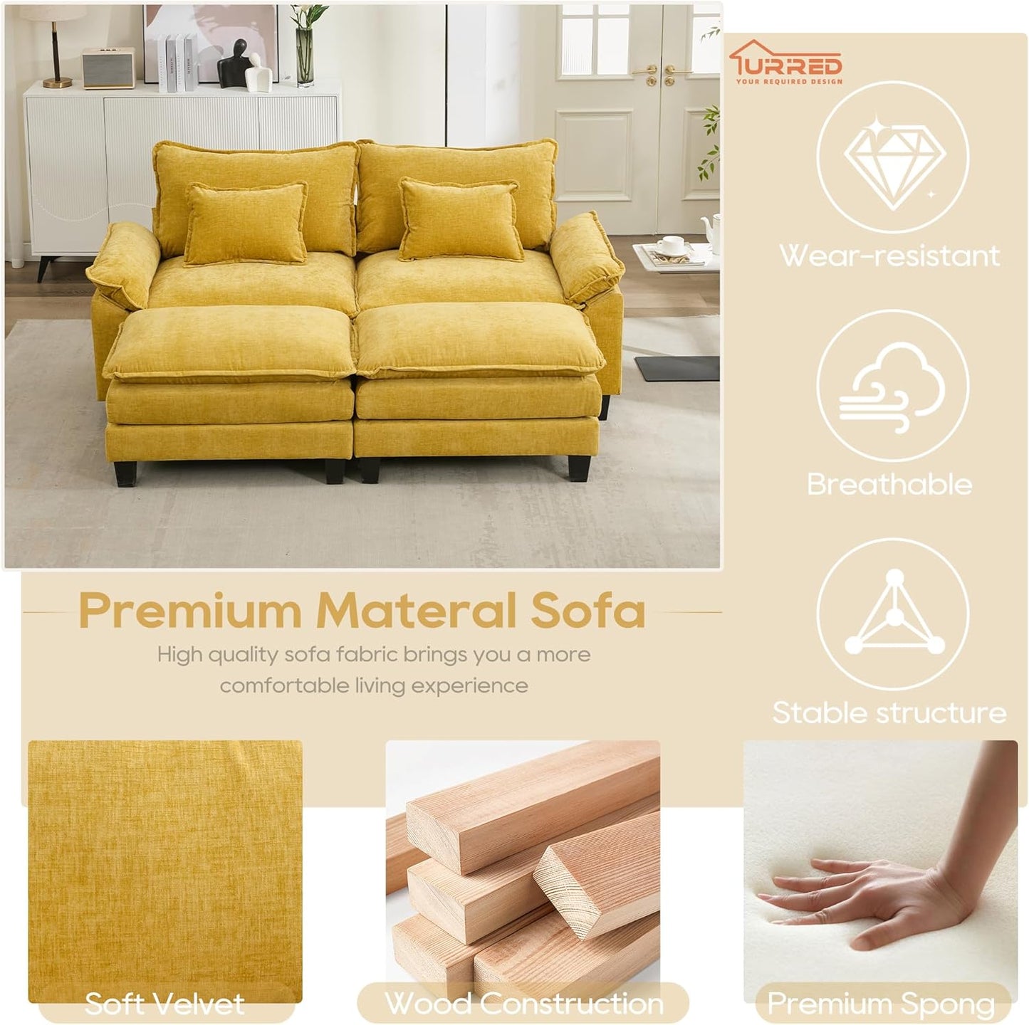 URRED Modular Sectional Sofa Comfy Cloud Couch, Modern Chenille Sofa Sleeper Deep Seat Couches with
