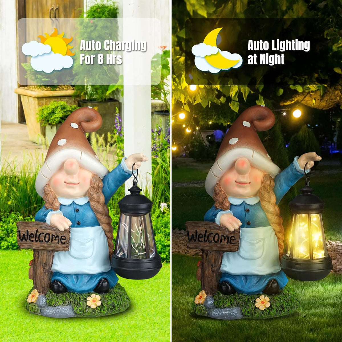Solar Large Gnome Garden Statue with Welcome Sign Outdoor Decor with LED Lantern Funy for Porch