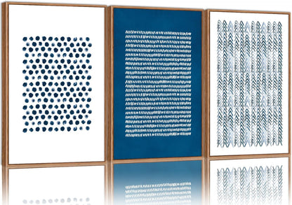 Tinonedraw Navy Blue and White Framed Canvas Wall Art Set, Minimalist Geometric Wall Decor, Neutral