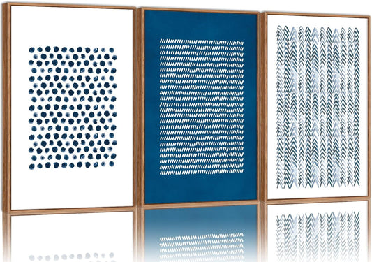 Tinonedraw Navy Blue and White Framed Canvas Wall Art Set, Minimalist Geometric Wall Decor, Neutral