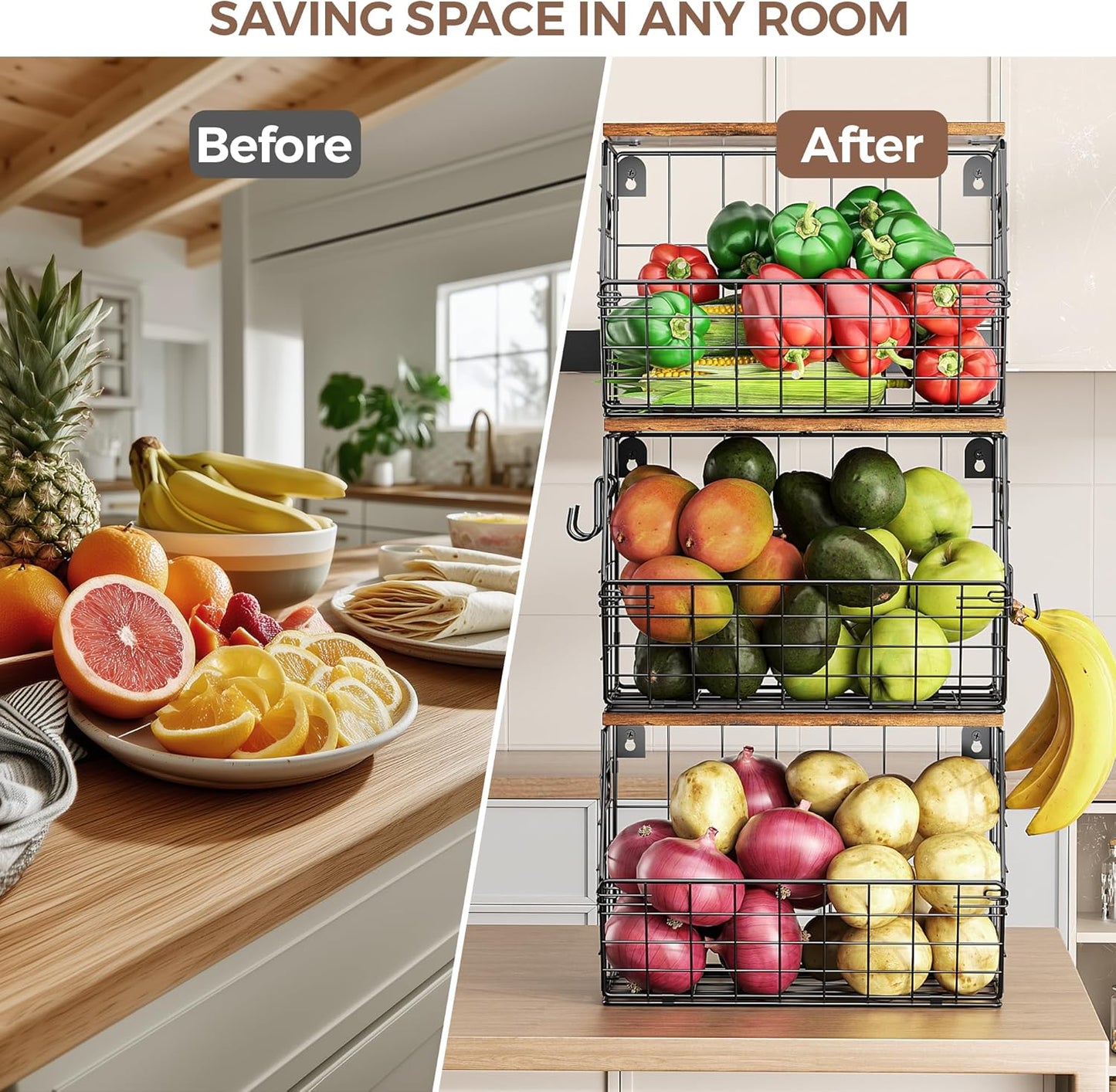 Delamu 3 Pack Stackable Metal Fruit Basket with Wood Lid-Wall Mounted&Countertop Organizer for
