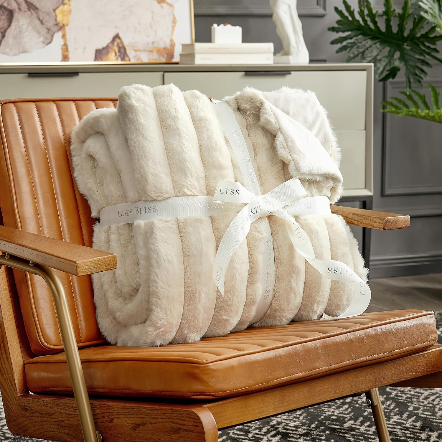 Cozy Bliss Faux Fur Throw Blanket for Couch, Cozy Warm Plush Striped Blanket for Sofa Bedroom