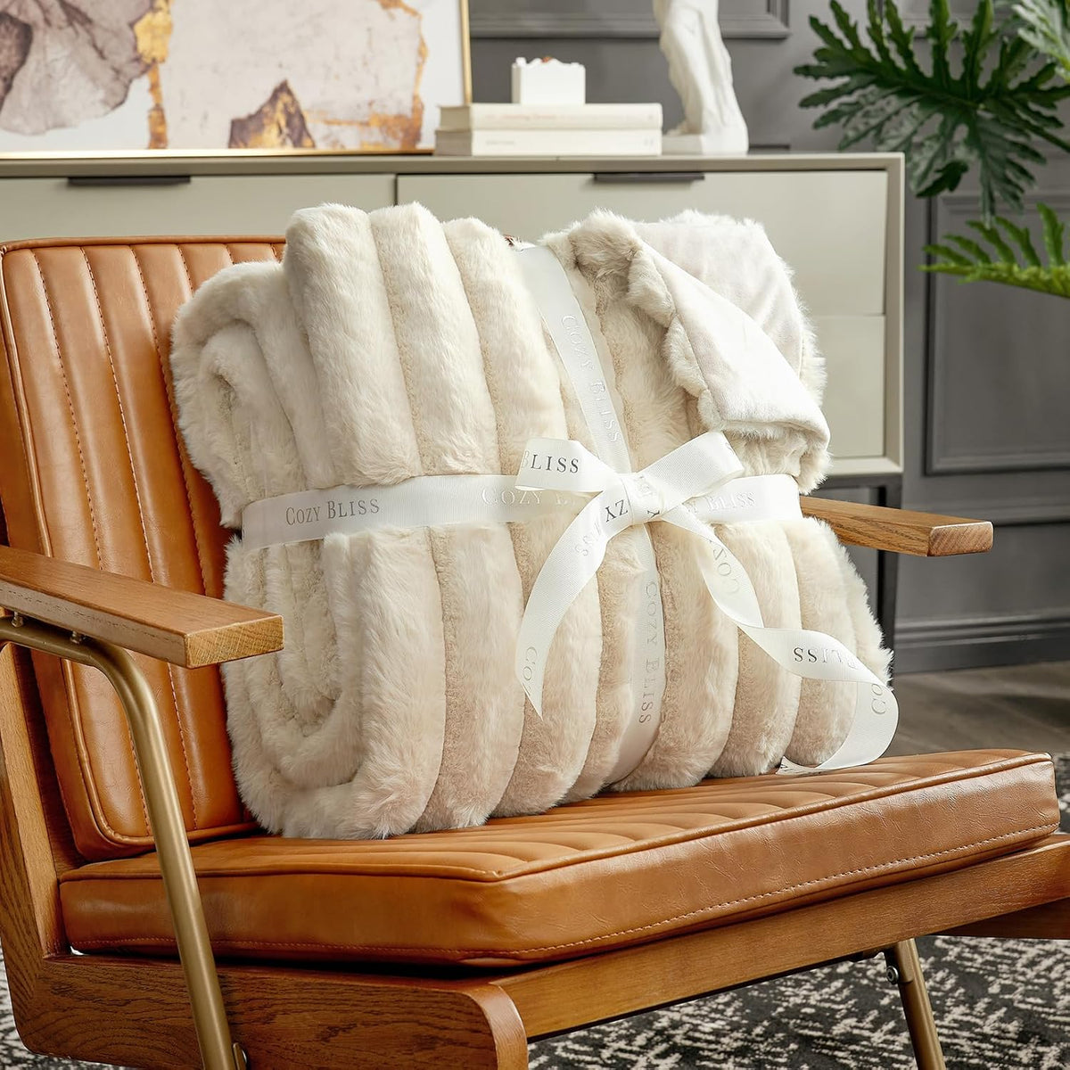 Cozy Bliss Faux Fur Throw Blanket for Couch, Cozy Warm Plush Striped Blanket for Sofa Bedroom